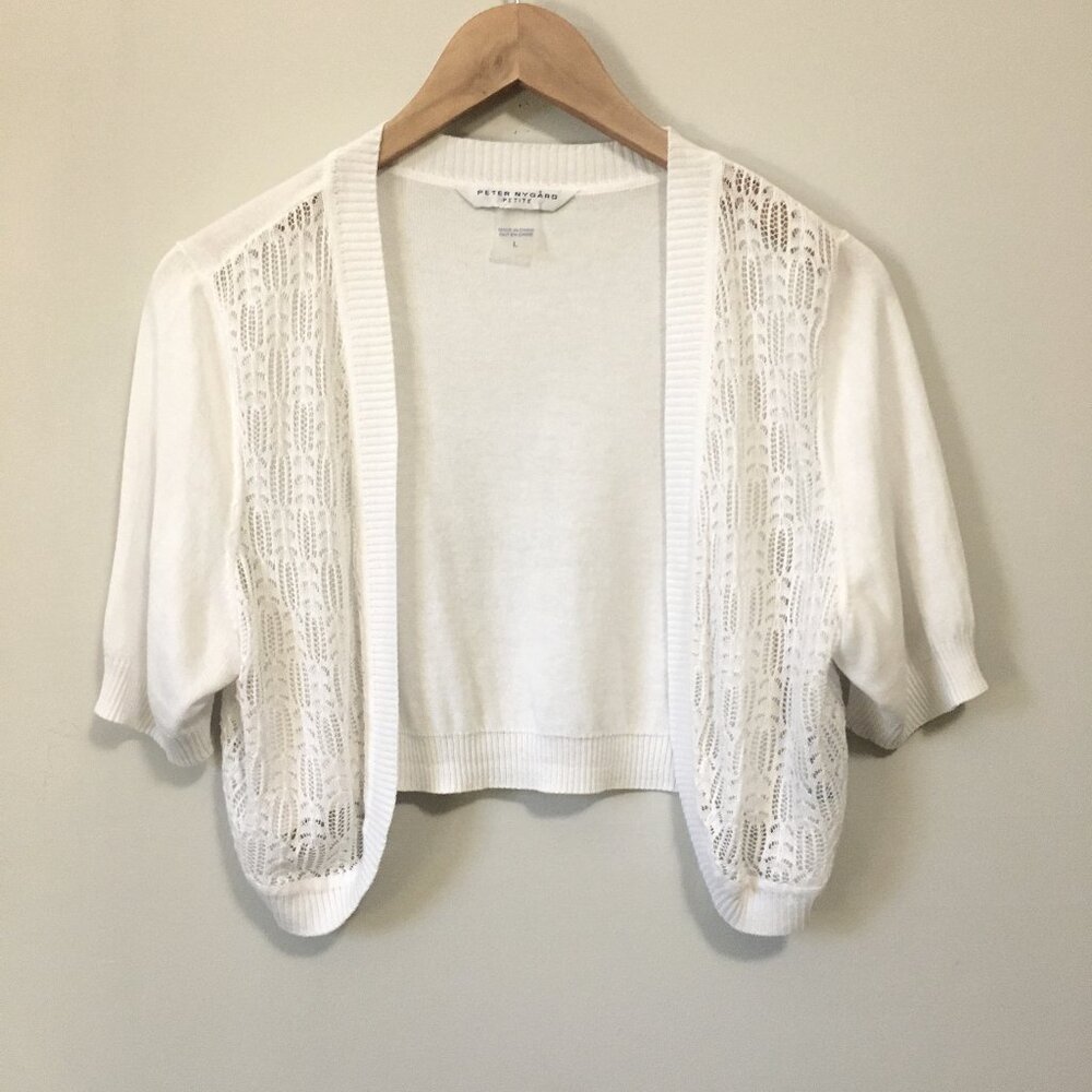 Archival Vintage Peter Nygard White Pointelle Knit Shrug Bolero Cardigan L